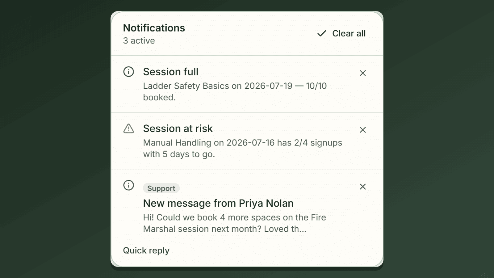 Notification panel listing training sessions at risk of low signups, with days remaining to each