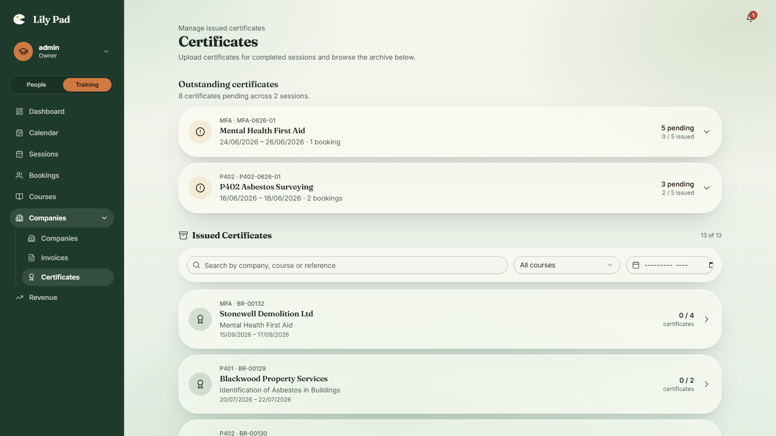 admin — certificates & expiry reminders