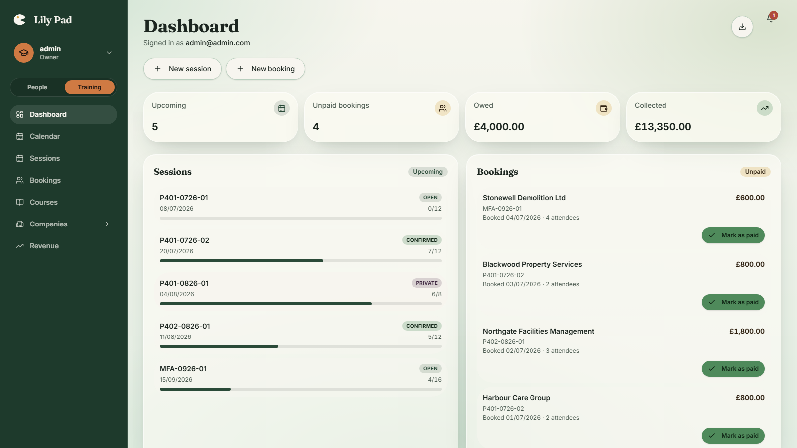 admin dashboard — sessions, bookings & payments