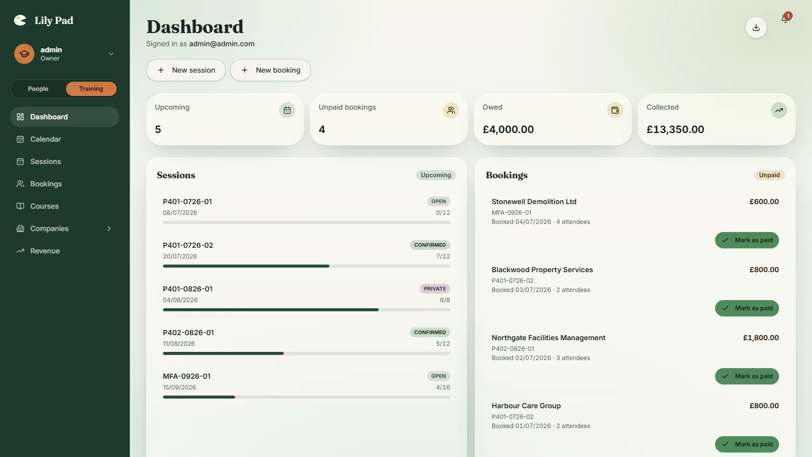 admin dashboard — sessions, bookings & payments